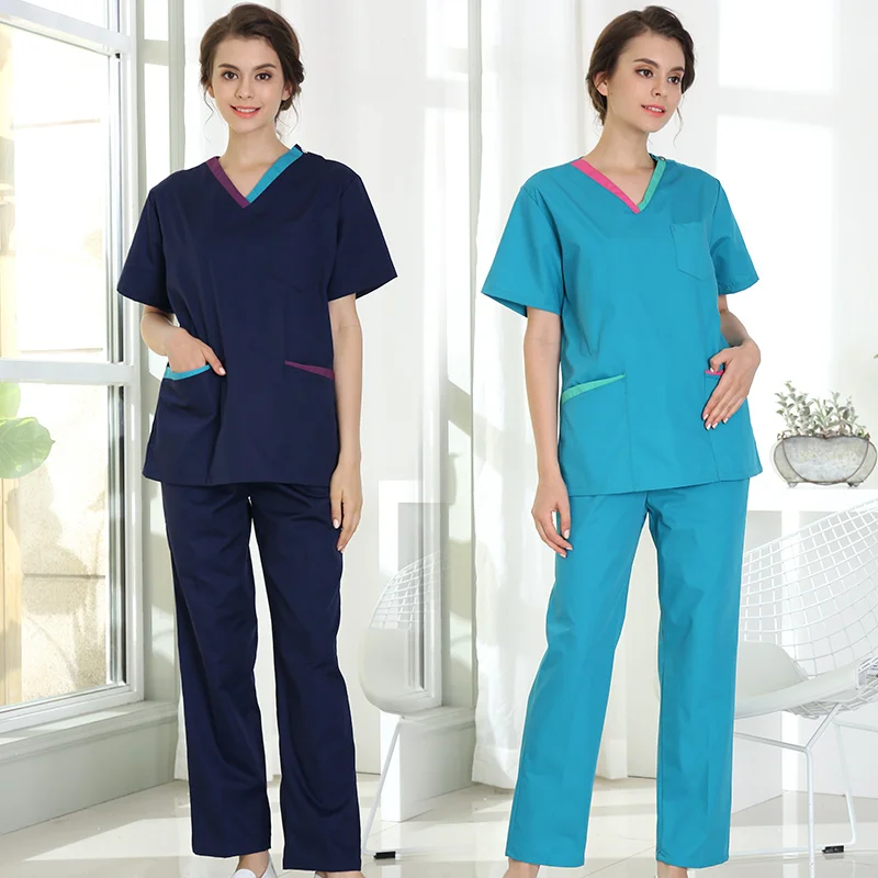 Женщины V шеи короткий рукав Больничная медицинская форма медсестры наборы Farmacia хирургическая медицинская одежда медицинская спецодежда
