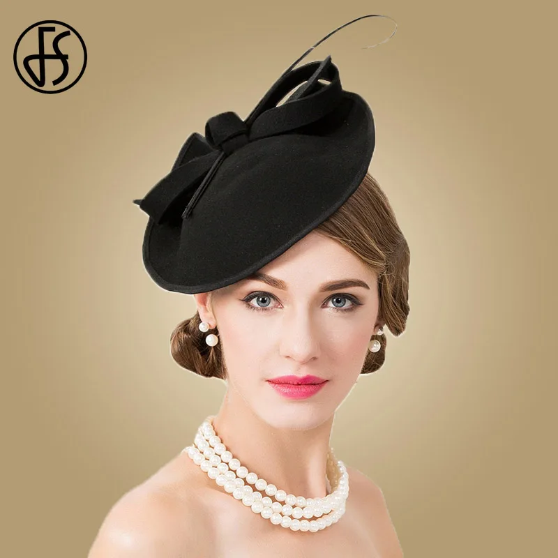 

FS 100% Wool Church Hat For Black Women Elegant Formal Fascinators Vintage Felt Fedoras Ladies Wedding Hats Pillbox Female Cap