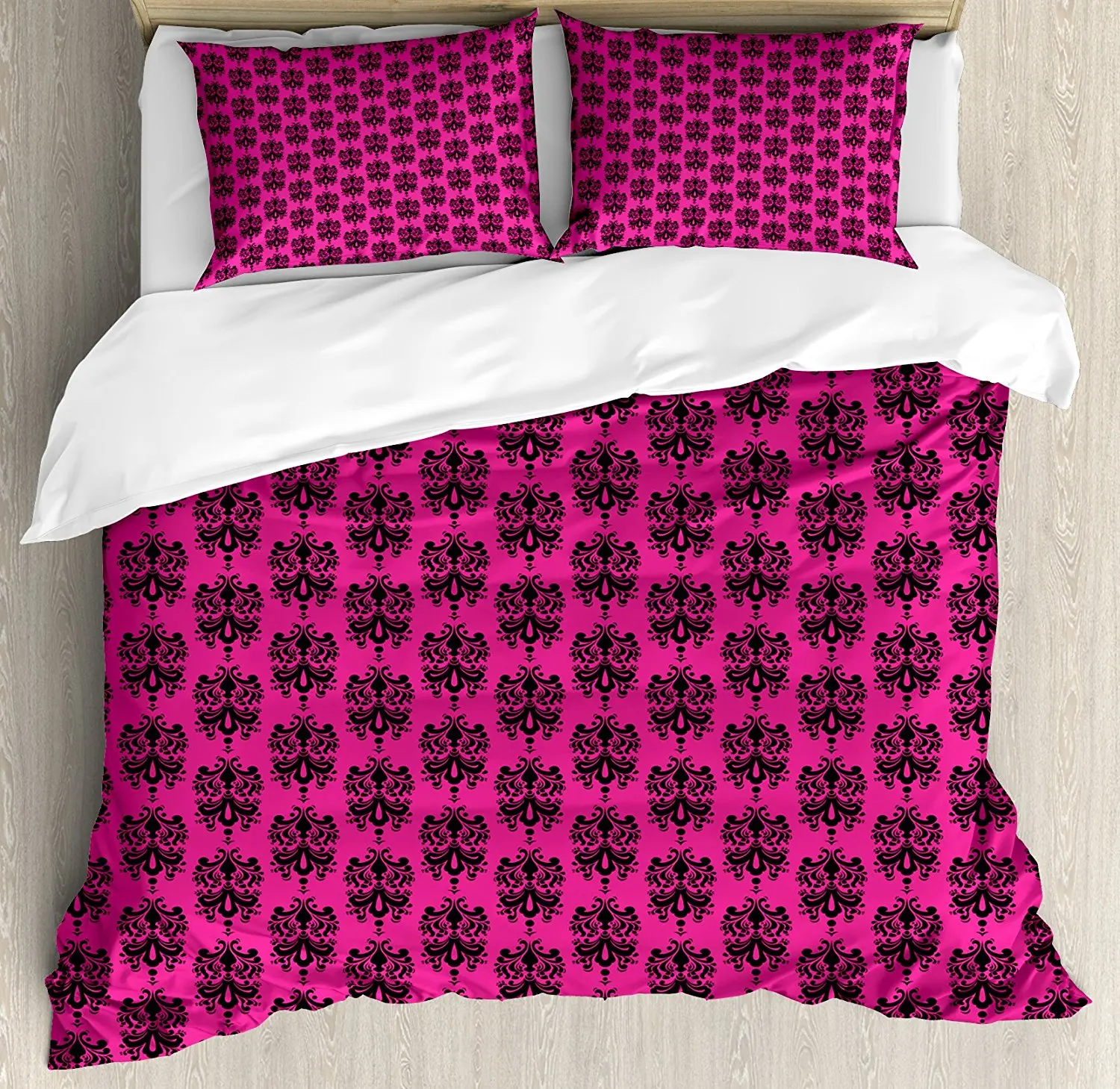 Hot Pink Duvet Cover Set Eastern Themed Ethnic Oriental Black Damask