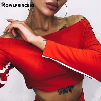 

OWLPRINCESS Casual Tracksuit For Women Two Piece Set Off Shoulder Cropped Top+Pants High Elastic Slim 2 Piece Set Women Clothes