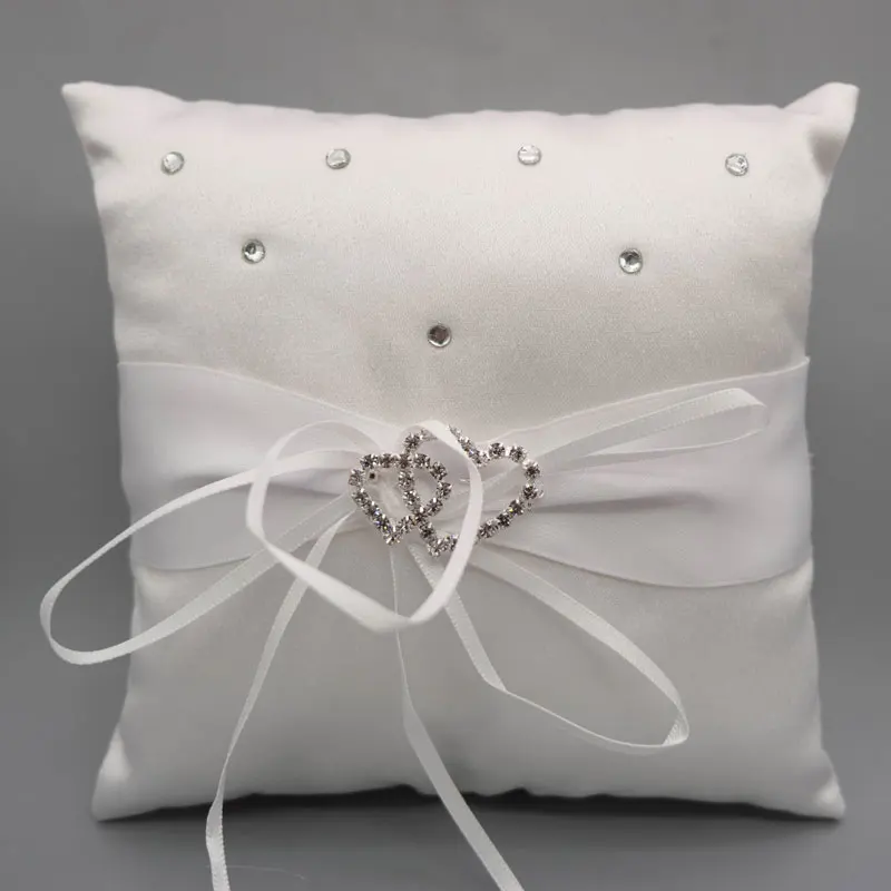 

White Wedding Ring Pillow Cushion Bow-Knot Wedding Party Supply Double Heart Bridal Ceremony Pocket Ring Bearer 15x15cm/20x20cm