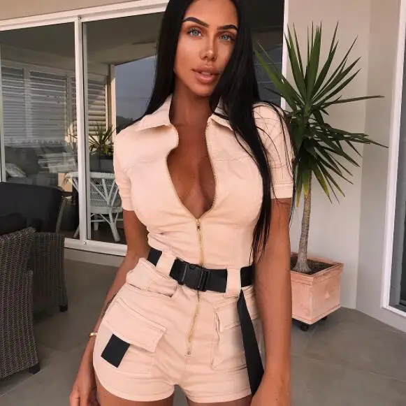

2019 Summer Women Overalls Romper Jumpsuit Front Zipper Shorts Summer Cargo Pants Shirt Jumpsuit Female Khaki Playsuit DV272
