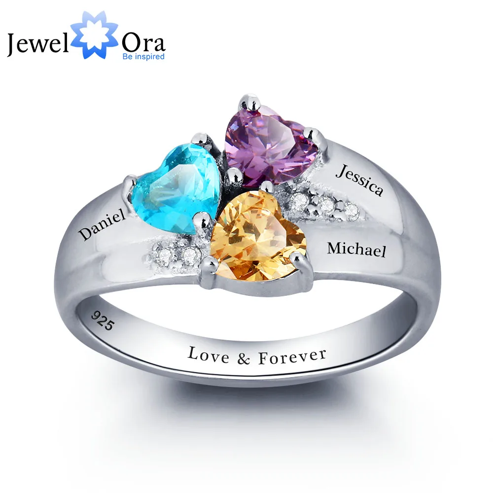 Personalized Engrave DIY Birthstone Jewelry Heart Stone Name Ring 925 Sterling Silver Family Ring Mom S