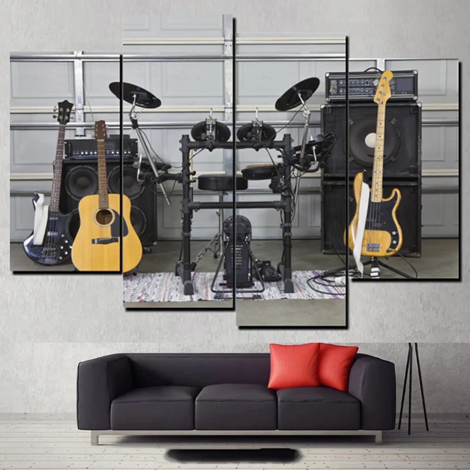 

Modern Canvas Living Room Pictures Painting Wall Art 4 Panel Music Tool Drums Guitar Frame HD Printed Modular Poster Home Decor