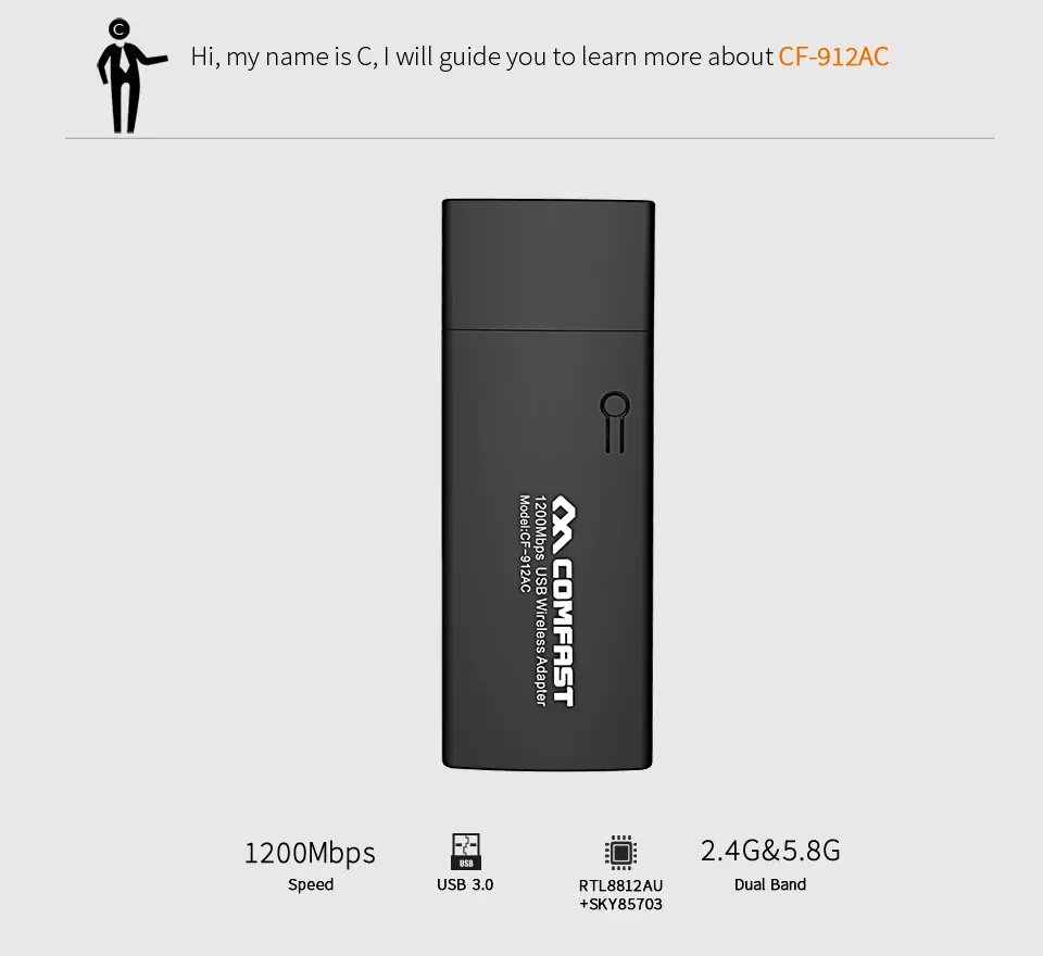 COMFAST Wifi адаптер 802.11AC 2,4G 300M+ 5,8G 867M двухдиапазонный Wifi USB адаптер мощный ПК Wifi приемник CF-912AC