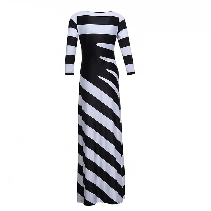جديد النساء مخطط اللباس تمتد الشاطئ حزب طويل كامل ماكسي ثلاثة الأكمام الربع شريط ضمادة اللباس زائد الحجم Vestidos فيرانو