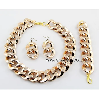 

CirGen Fashion Women CCB Gold Color Chunky Chain Link Statement Design Bib Collar Necklace Bracelet Earring Jewelry Set,B14