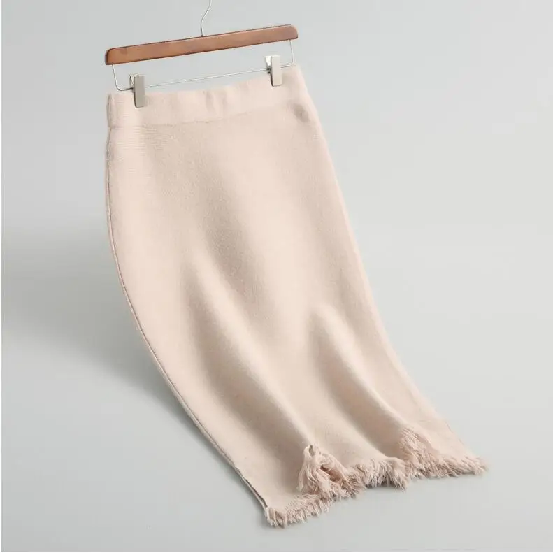 Осень-зима шерстяные юбка-карандаш для офиса Для женщин Высокая талия юбка миди пикантные Разделение Повседневное вязаная юбка с бахромой