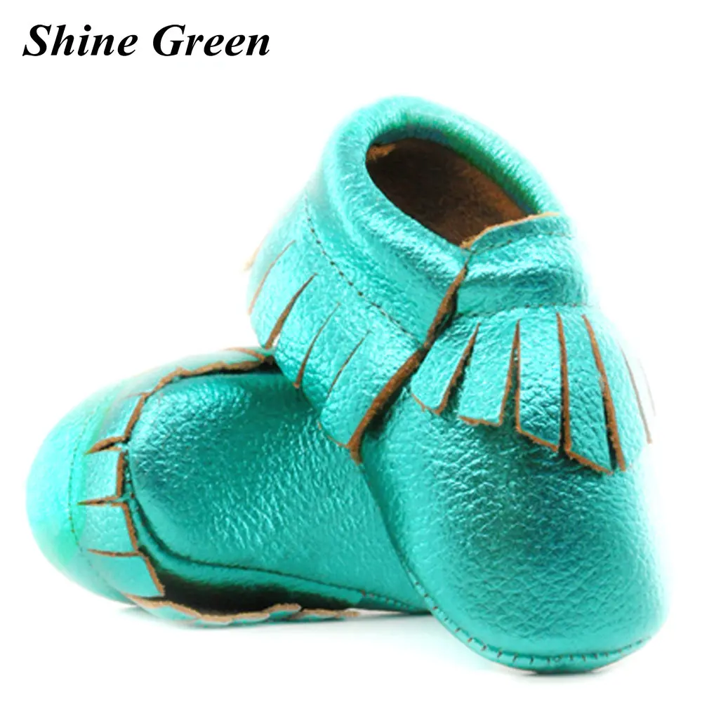 Shine Green Блестящие Розовые детские мокасины из натуральной кожи; мягкая обувь для маленьких девочек розового и золотого цвета; обувь с бахромой для маленьких детей 0-30 месяцев; 16 цветов - Цвет: Shine Green