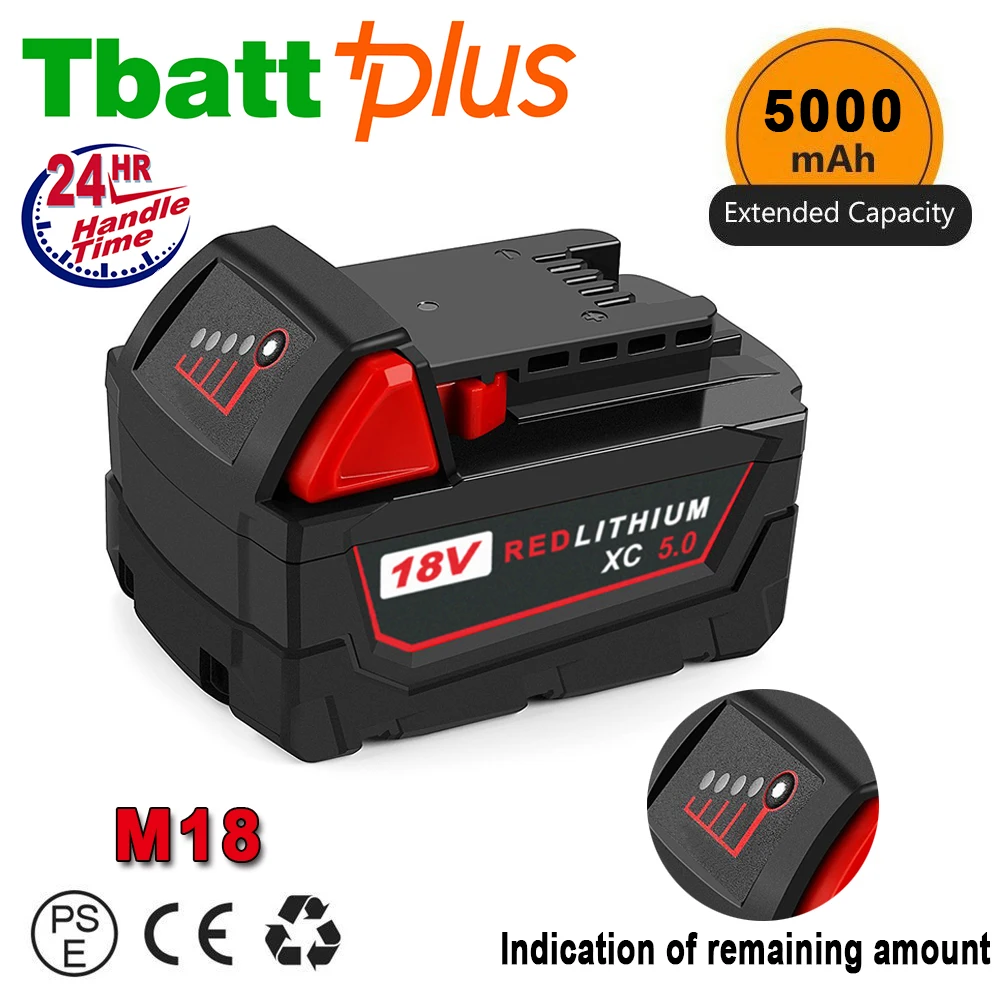 

For Milwaukee M18 Red Lithium XC5.0Ah 18V 48-11-1850 48-11-1860 Extended Battery