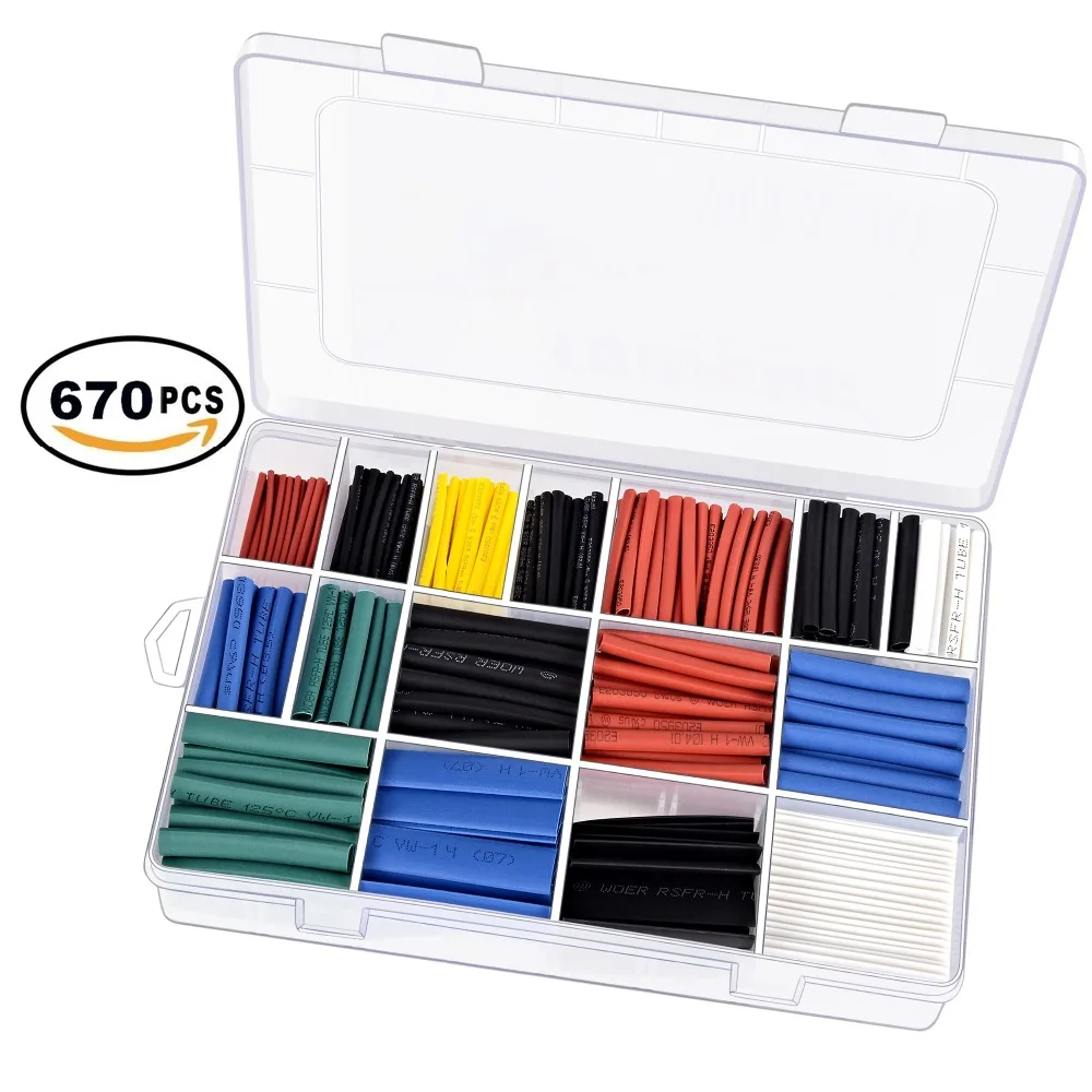 

670PCS Heat Shrink Tubing 2:1, 6 Colors 12 Sizes Electrical Wire Cable Wrap Assortment Electric Insulation Tube Kit