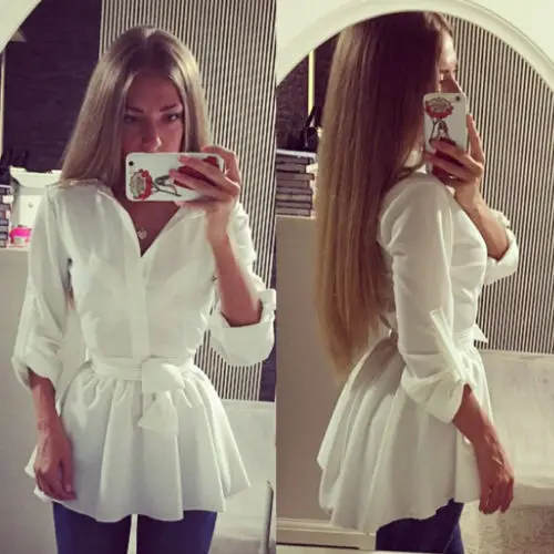 

Shirts Blouse Top with Belt New Women Lady Clothing Spring Summer White Brief Long Sleeve Button Down