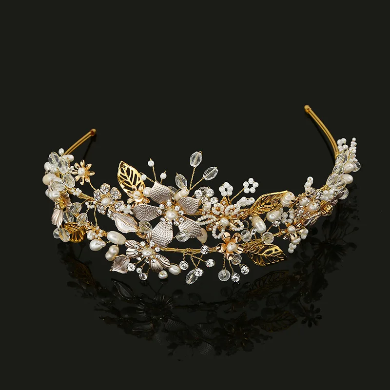 

SLBRIDAL Gold Crystal Rhinestones Pearls Flower Leaf Wedding Tiara Headband Bridal Crown Hair accessories Bridesmaids Women