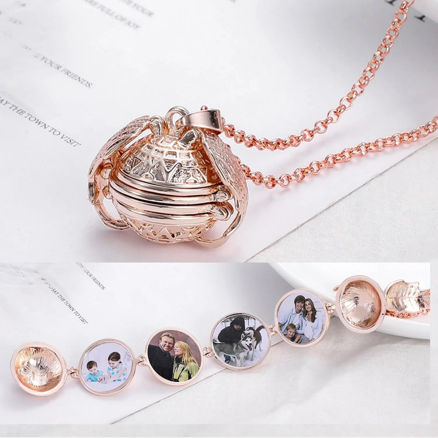 

Expanding Photo Locket Pendant Necklace Angel Wing Claps 4 Pictures Chain Link Necklace for Women Memories Gifts 4 colors