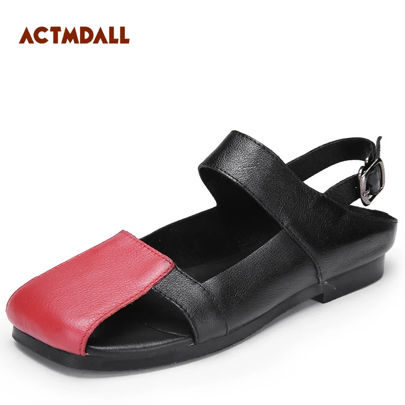 

2019 Fashion Flat Bottom Beach Shoes Flat Women Sandals Ankle Strap Genuine Leather Casual Shoes Women For Summer
