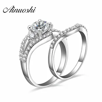 

AINOUSHI Luxury 925 Sterling Silver 4 Prongs Women Engagement Ring Sets 1 Carat Round Cut Wedding Anniversary Bridal Ring Sets