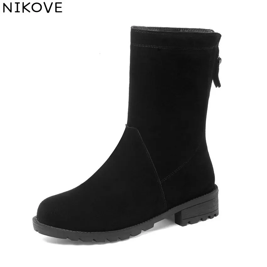 

NIKOVE 2019 Women Boots Cow Suede Zipper Square Low Heels Autumn Shoes Snow Boots Round Toe Shoes Solid Ladies Boots Size 34-43