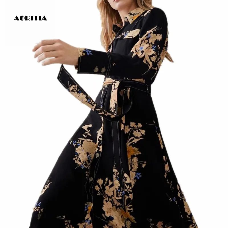 

2019 Women Spring Floral Print Dress Long Sleeve Turn-down Collar Dress One Piece Long Maxi Dress