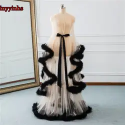 Элегантный vestido de festa длинное вечернее платье 2019 V образным вырезом перо с длинным рукавом Тюль Плюс размеры Выходные туфли на выпускной бал