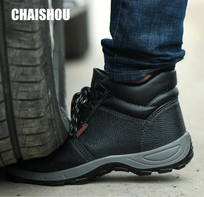CHAISHOU الأحذية الرجال جلد طبيعي حذاء برقبة للعمل الدانتيل متابعة في الهواء الطلق غطاء صلب لأصبع القدم حذاء امن للعمل CS-104