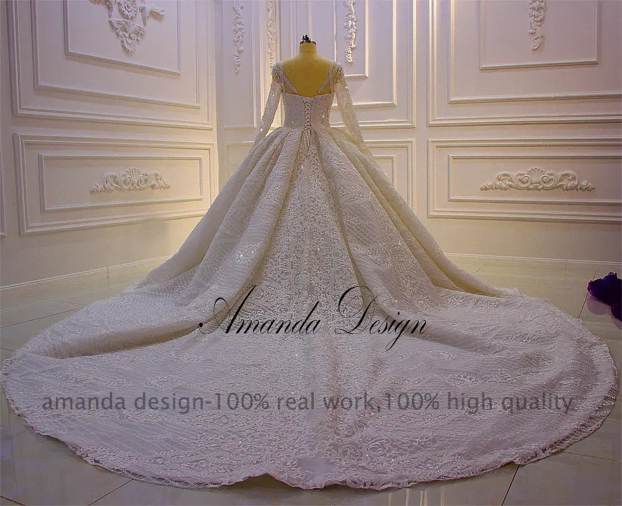 Аманда дизайн robe mariage с длинным рукавом Роскошные кружева бисером свадебное платье