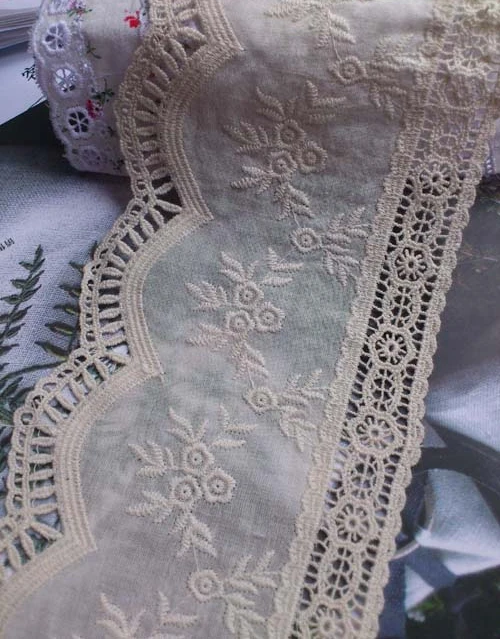 

10.5cm wide Beige/White Flower Embroidered Lace Trim Cotton Lace Trim Lace Ribbon Free Shipping 5yards/lot