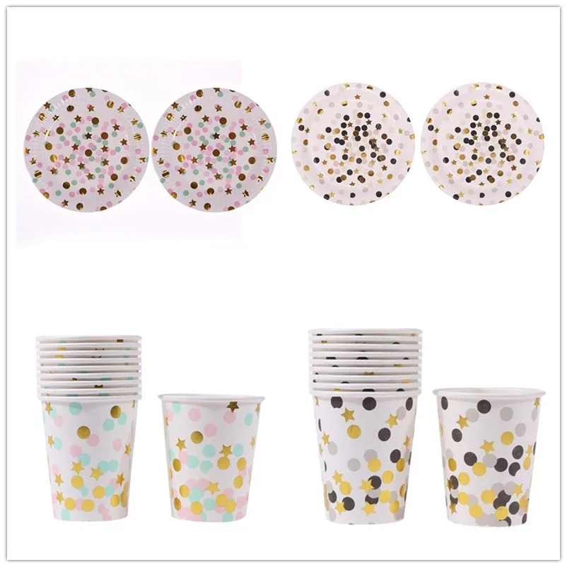 

10pcs Black Dot Gold Stars Disposable Tableware Party Paper Plates Baby Shower Birthday Party Supplies Paper Cups Tableware