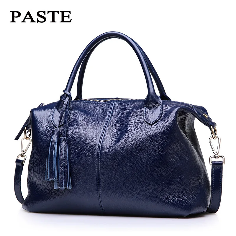 Настоящая мягкая кожаная женская сумка Большая вместительная сумка через плечо кожаная женская сумка в стиле Бостона Высококачественная сумка-торба с кисточками - Цвет: Синий