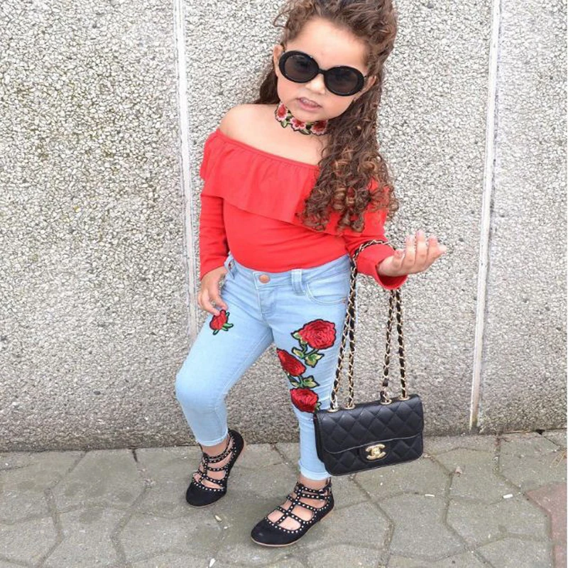 kid girl off shoulder T Shirt Tops+jeans with rose floral print 2 piece clothing  2018 children girls casual suit set red