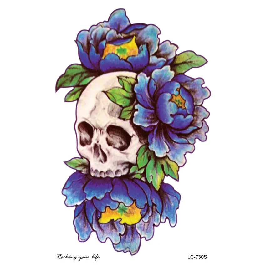 LC2730S-19X12cm-Large-Tattoo-Sticker-Halloween-Horror-Skull-Blue-Flower-Designs-Temporary-Tattoo-Terrorist-Stickers-New