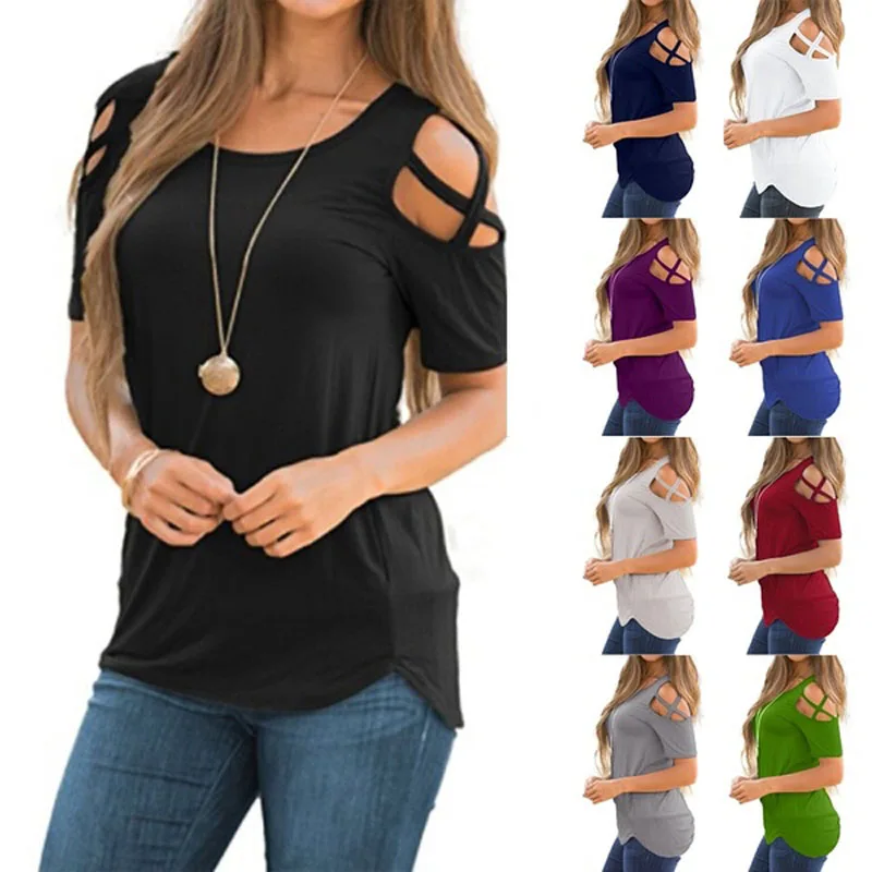 

Women Summer Short Sleeve Strappy Cold Shoulder Tops Blouses