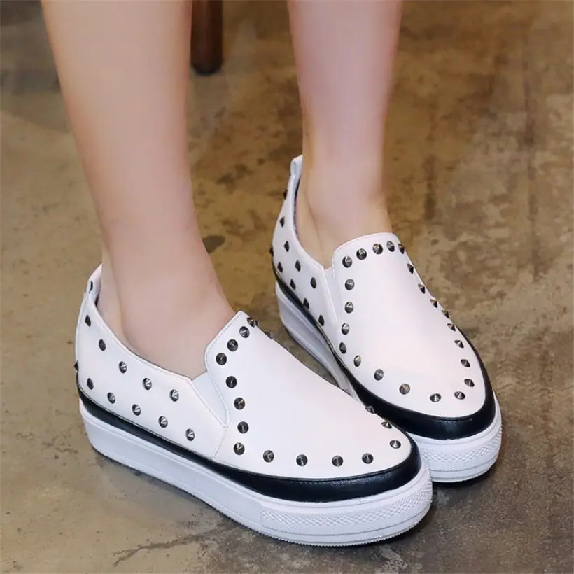 

NAYIDUYUN Women Shoes Slip On Spike Studded Wedge Platform Ankle Boots Round Toe Med Heel Party Oxfords Casual Punk Pumps