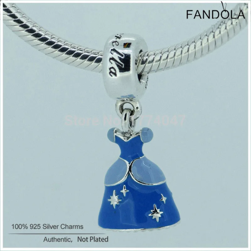

100% Real 925 Sterling Silver Blue Enamel Cinderella Dress Dangle Beads Charm Fits Original Brand Bracelets Jewelry Making