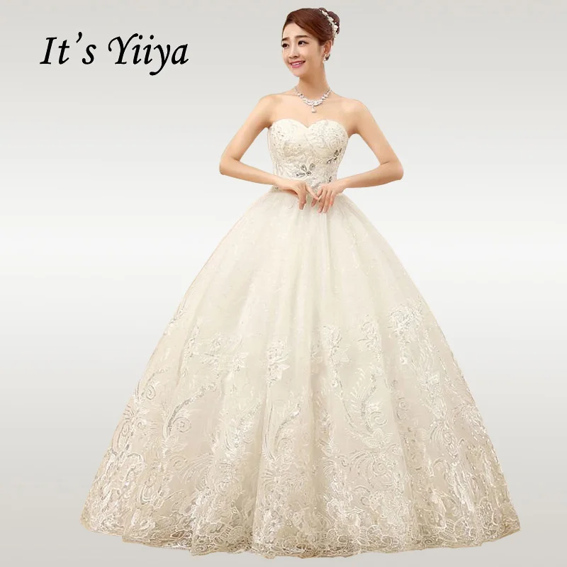 

It's YiiYa Wedding Dress 2019 Strapless Crystal Lace Long Wedding Dresses Plus Size Floor Length Vestido de novia XXN085