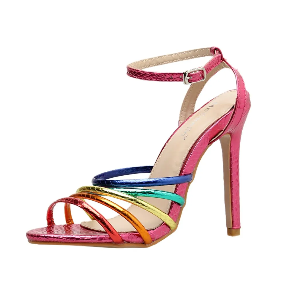 

Luxury Sexy High Heel Elegant Party Shoes Solid Rainbow Women One Type Buckle Stap Pointed Toe Super High Spike Heel Sexy Shoes