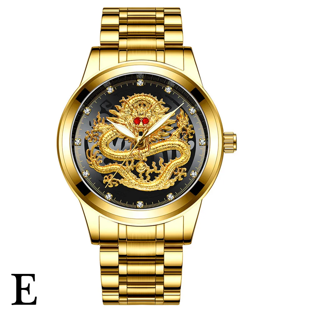 Fenzun тисненые золотые мужские часы с драконом мужские водонепроницаемые немеханические часы мужские модные часы с бриллиантовым рубиновым драконом - Цвет: E