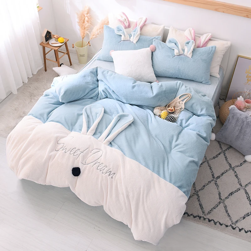 Winter Rabbit Velvet Lovely Rabbit Ears Bedding set Warm Fleece cute