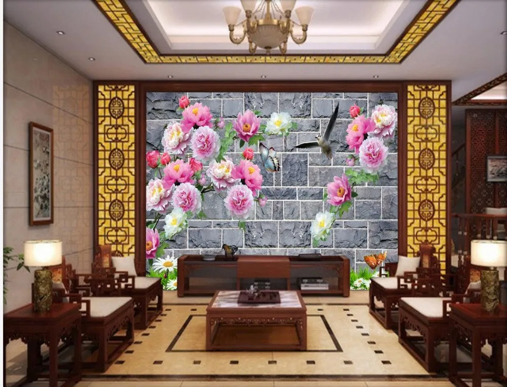 3d wallpaper for room Peony checkered wallpaper backdrop ...