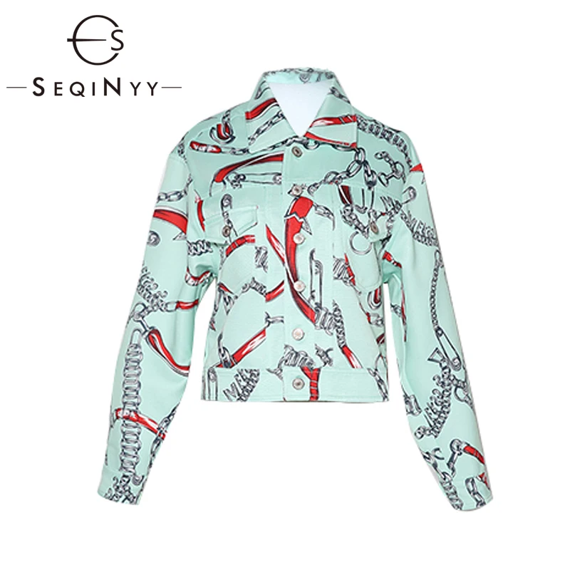 

SEQINYY Green Denim Jacket 2020 Autumn Spring New Fashion Design Long Sleeve Vintage Printed Short Top Women
