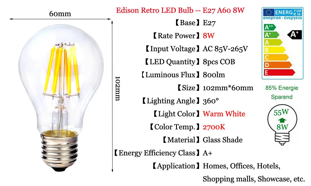 COB светодиодный лампочка накаливания, подвесной светильник, 2 Вт, 4 Вт, 6 Вт, 8 Вт, E27 + E27, Ретро лампа Эдисона