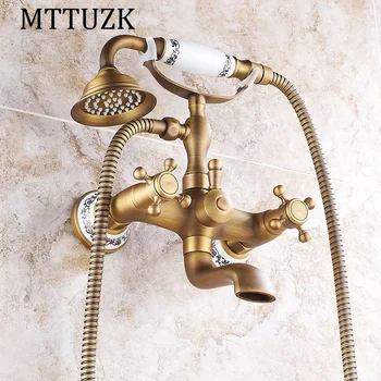 

MTTUZK Antique Brass Rainfall Shower Set Wall Mounted Double handle Bathtub Faucet +Handheld Shower With porcelain set