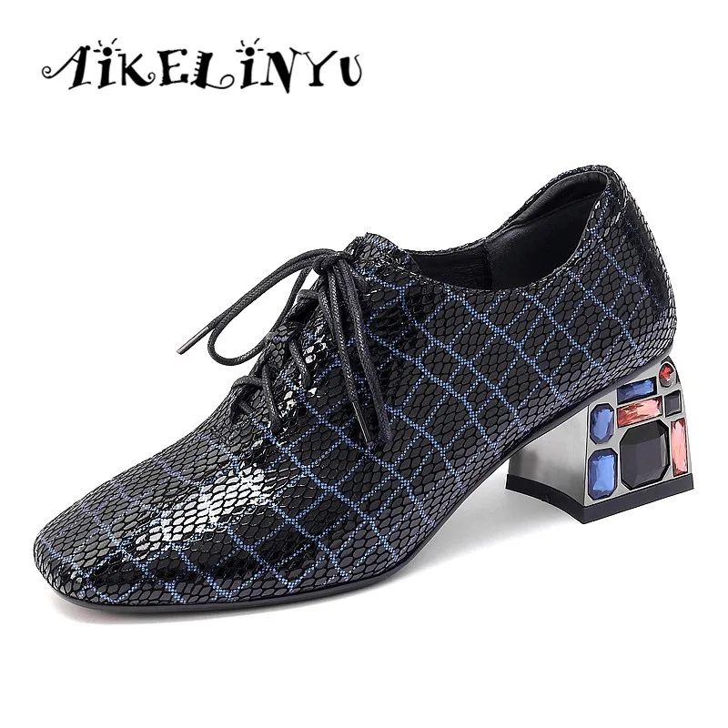 

AIKELINYU Genuine Leather Pumps Women Fashion Autumn Square Toe Crystal Heels Office Career Comfortable Lattice Thick Heel Shoes