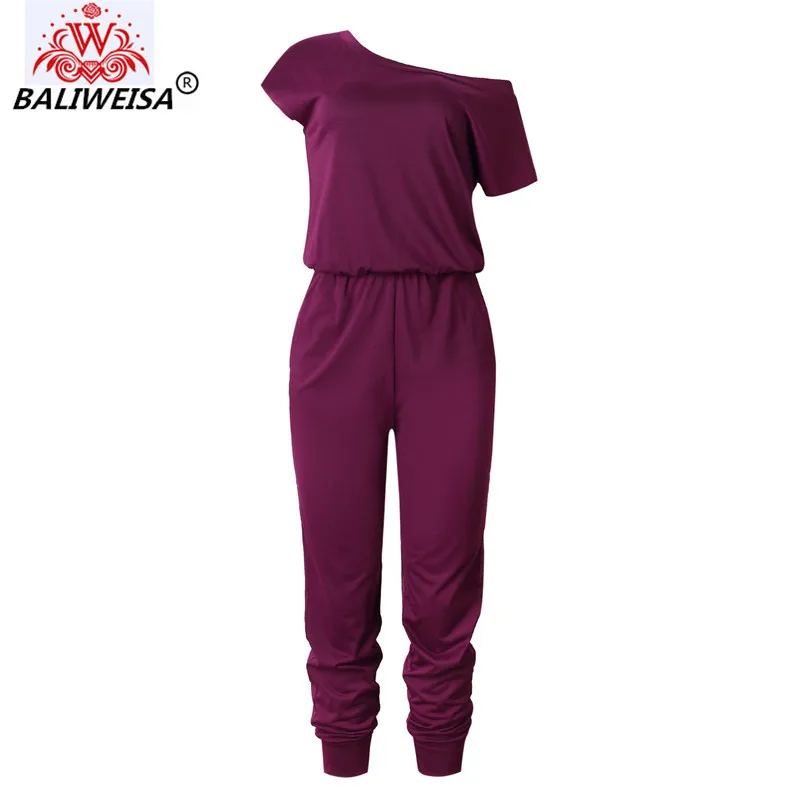 wine red BALIWEISA однотонные повседневные сексуальные комбинезоны с одним плечом и коротким рукавом новые женские летние модные тонкие элегантные длинные Комбинезоны женские - Цвет: wine red