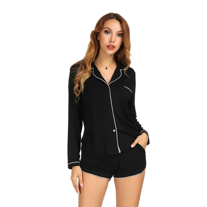 

Long Sleeve Pajamas with Shorts Set Cotton Pajamas Set Turn-down Collar Night Shirt Casual Home Clothing Sleepwear White Black