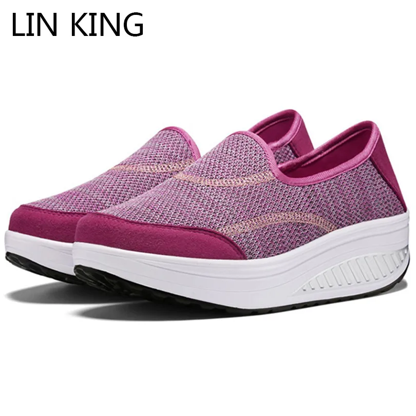 

LIN KING Breathable Mesh Women Swing Shoes Spring Autumn Thick Sole Height Increase Wedges Platform Shoes Big Size Nurse Shoes