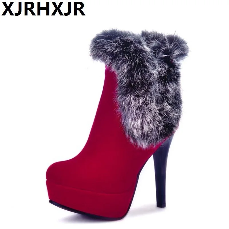 

XJRHXJR Boots Women Ankle Boots Winter Platform Boots High Heels Rabbit Fur Ladies Sexy Thin Heel Handmade Shoes Black Red