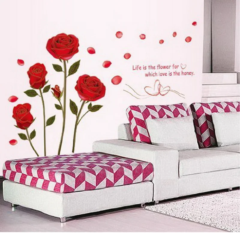 Romantic Red Rose Flowers Wall Decals, Living Room Bedroom Removable