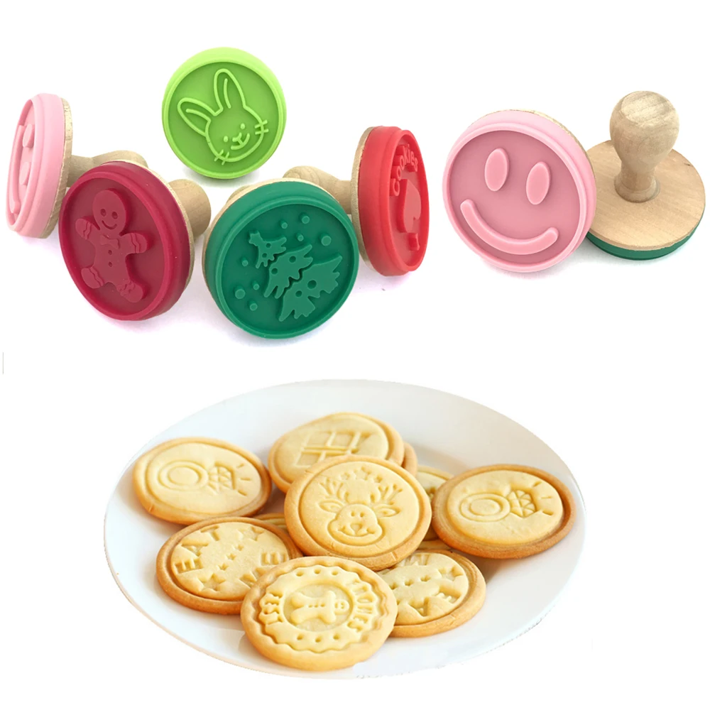 

cookie seal stamp DIY pastry cake cookie moulds home made prints molds tools baking tools 1pc sillicone & wood 5 designs