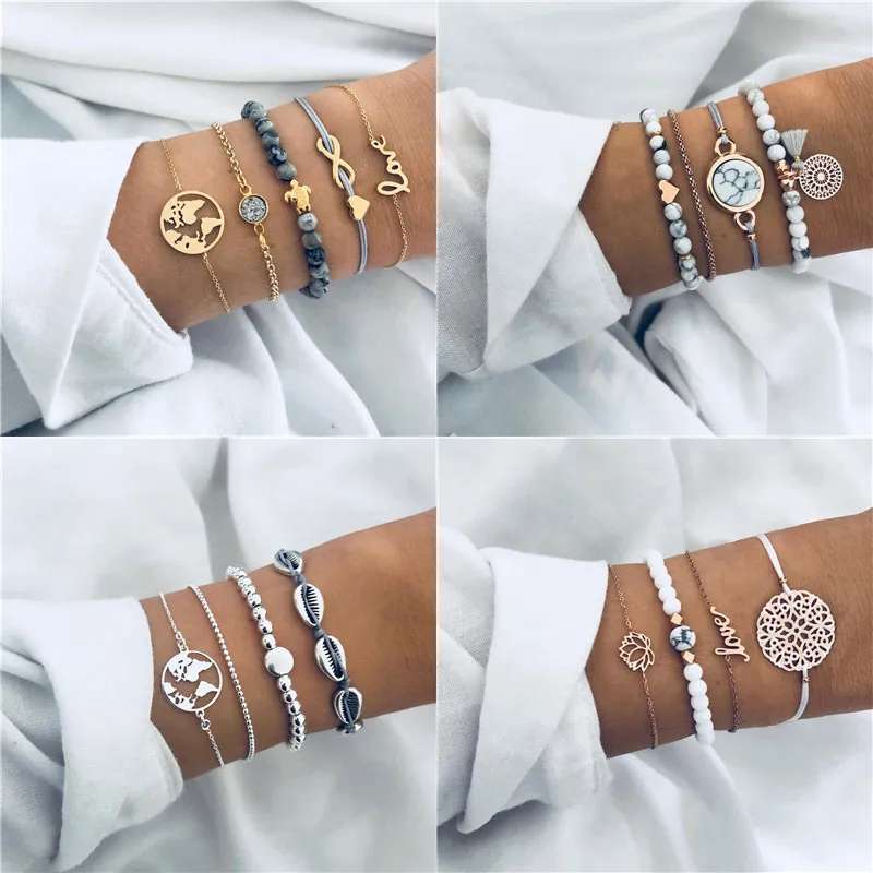 

Fashion 4/5 Pcs/set Bohemian Natural Marble Stone Turtle Beads Multilayer Bracelet Set for Women Vintage Summer Jewelry