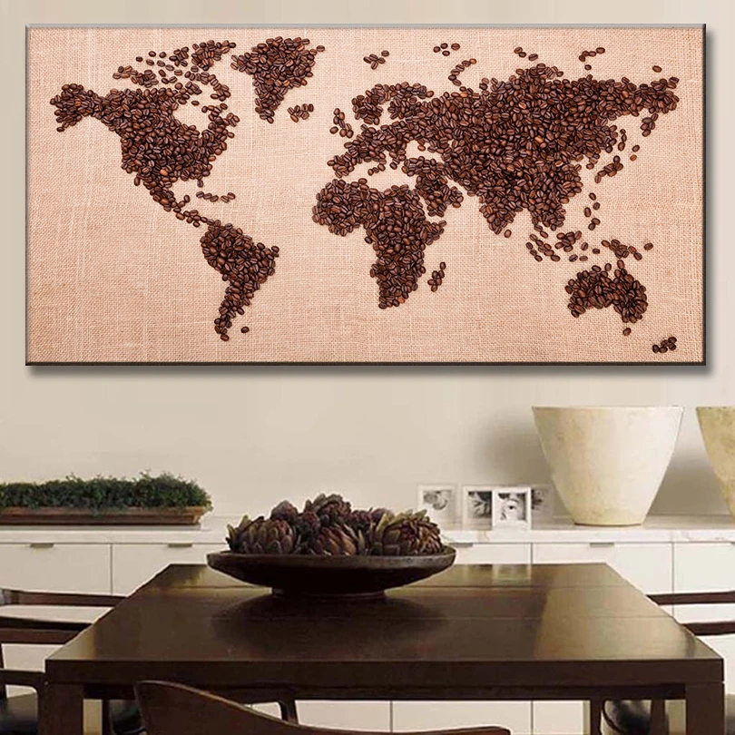 

1 PCS/Set Huge Coffee Bean Combine Map Painting Prints on Canvas Amazing Abstract World Map Wall Art For Coffee Shop Decor
